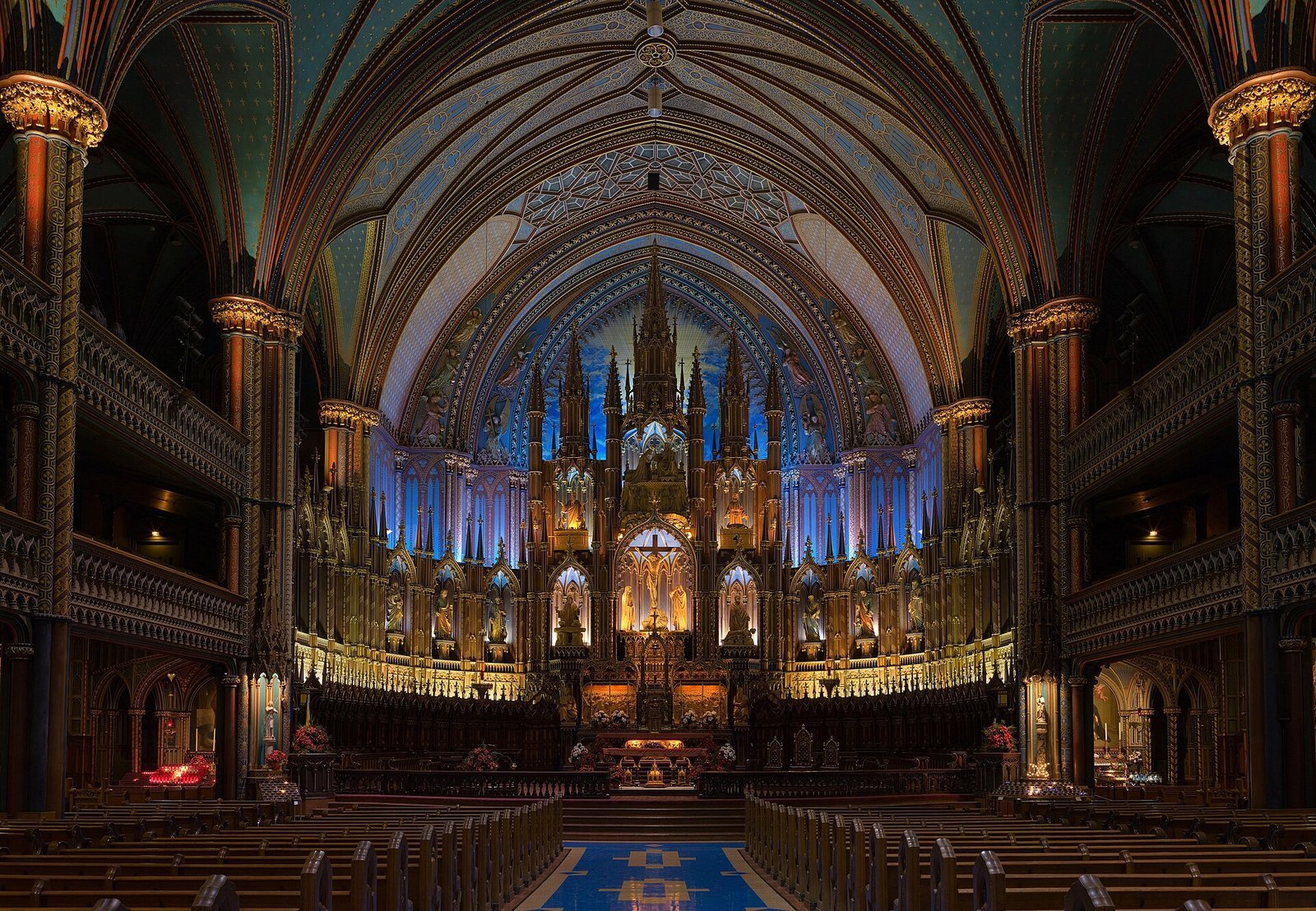 The blue and gold interior of Notre-Dame Basilica in Old Montreal