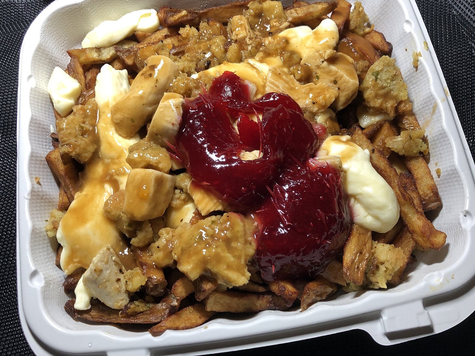 A takeaway box of poutine with gravy and cheese curds
