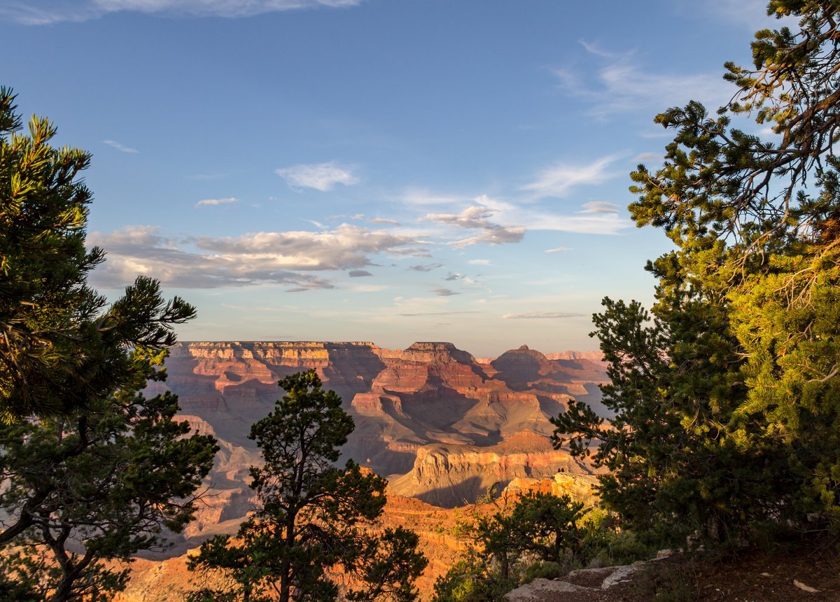 A sweeping view of the Grand Canyon at sunrise, layers of orange and red rock disappearing into the distance